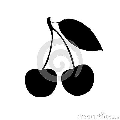 Two black cherries on twigs, silhouette on a white background. Vector Illustration