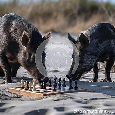 Two black cute pigs playing chess. AI generative illustration Cartoon Illustration