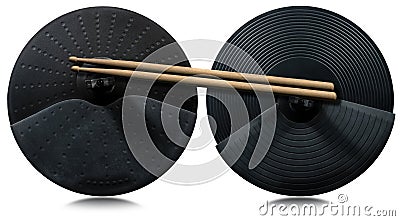 Two Black Cymbals of an Electronic Drum Kit and a Pair of Wooden Drumsticks Stock Photo