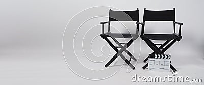 Two black director chair and clapper board use in video production or movie and cinema industry on white background Stock Photo