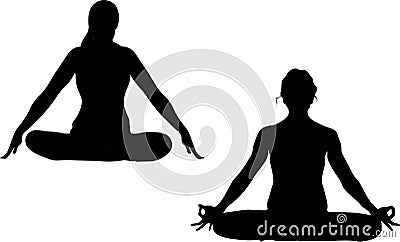 Two black forms, silhouettes of females in position yoga pose Indian East Asana doing pranayama exercises Vector Illustration