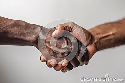 Two black men shaking hands on white background. Close up view on dark-skinned men shaking hands. Stock Photo