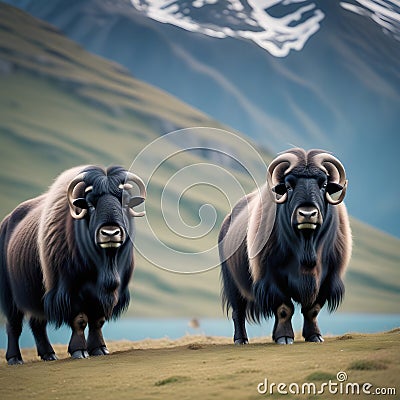 The two black musk oxen are in front of the mountain. Stock Photo
