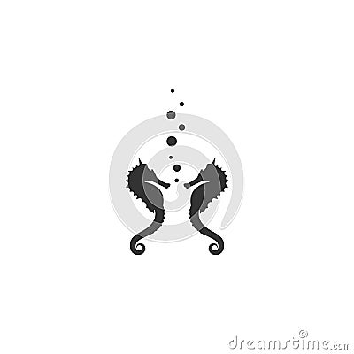 two black sea-horses or hippocampus with air bubbles on white background Vector Illustration