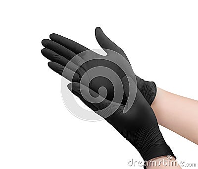 Two black surgical medical gloves isolated on white background with hands. Rubber glove manufacturing, human hand is wearing a lat Stock Photo