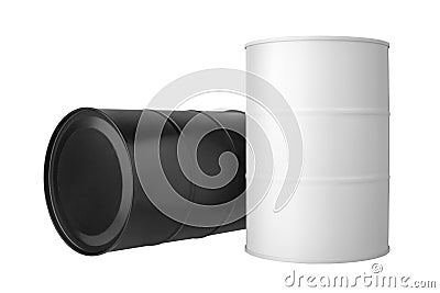 Two black and white metal barrels isolated close up, oil drum, steel keg, blank closed food tin can, aluminium cask, petroleum Stock Photo