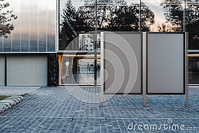 Two blank banner stands at park. Empty billboard advertising. 3d rendering. Stock Photo