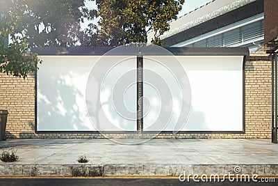 Two blank white outdoor banners at bright wall, mock up. 3d rendering. Stock Photo