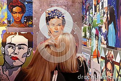 Two blonde visitors at Frida Kahlo exhibition. Editorial Stock Photo