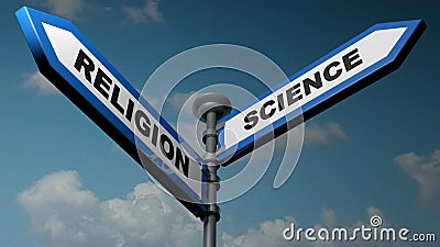Religion - Science street signs - 3D rendering illustration Stock Photo