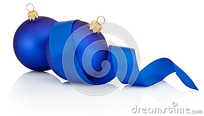 Two Blue Christmas ball covered with curled ribbon Isolated Stock Photo