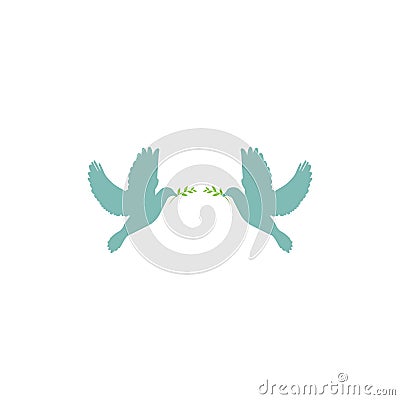 Two blue doves with green olive sprig on white background. Peace vector illustration Cartoon Illustration