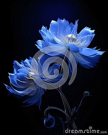 Two blue flowers on a dark black background. Flowering flowers, a symbol of spring, new life Stock Photo
