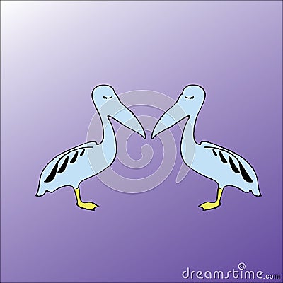 Two blue pelicans with patterned wings in profile, standing on one foot opposite each other with closed eyes. Vector Illustration