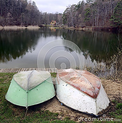 Two boats on a lake coast Stock Photo