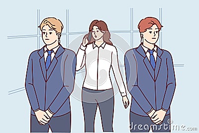 Two bodyguards near businesswoman talking on phone and needing protection due to personal threats Vector Illustration