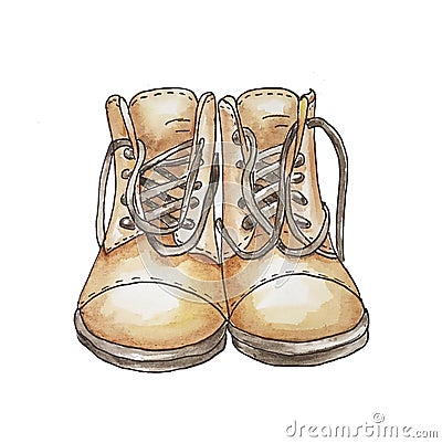 Two boots with laces on a white background illustration watercolor Cartoon Illustration