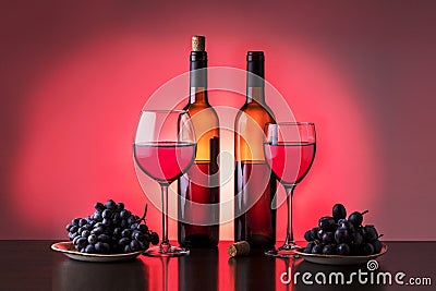 Two bottle of wine, wineglass and grapes. Stock Photo