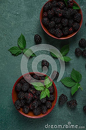 Two bowls, fresh , ripe blackberries, with leaves, top view, no people, Stock Photo