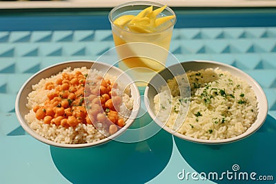 two bowls of rice and beans sit next to a glass of lemonade Stock Photo