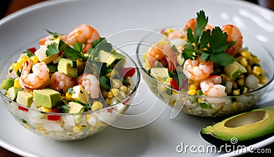 Two bowls of shrimp salad with avocado and corn Stock Photo