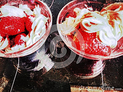 Two bowls of strawberries with whipped cream on a retro black background,served strawberry illustrations Cartoon Illustration