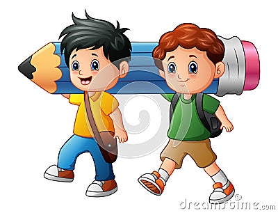 Two boy cartoon holding a large pencil Vector Illustration