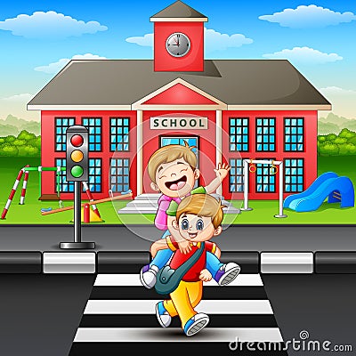 Two boy crossing the road Vector Illustration