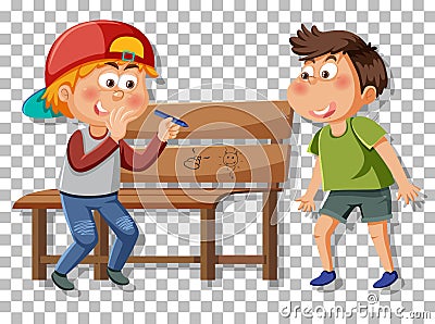 Two boy drawing on public bench Vector Illustration