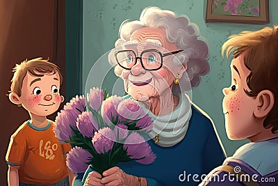 Two boy grandchildren give grandma a bouquet of flowers at home on a holiday Stock Photo