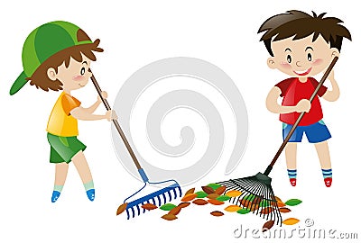 Two boy sweeping leaves with rakes Vector Illustration