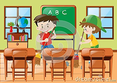 Two boys cleaning the classroom Vector Illustration