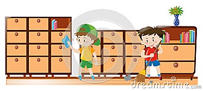 Two boys cleaning drawers and sweeping floor Vector Illustration