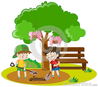 Two boys digging hole in garden Vector Illustration