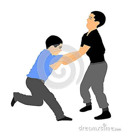 Two boys fighting silhouette. Two young brothers fight illustration. Cartoon Illustration