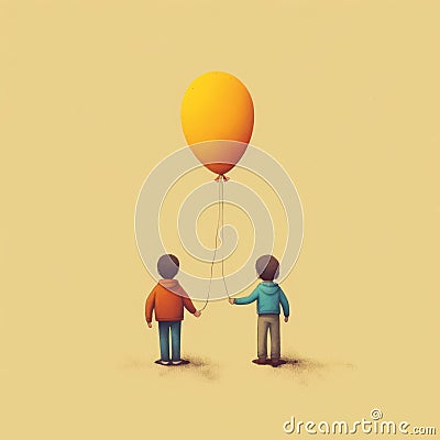 Two Boys Holding An Orange Balloon In The Style Of Alex Andreev, Dan Matutina, And Robert Bissell Cartoon Illustration