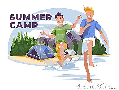 Two boys jump into a mountain lake Vector Illustration