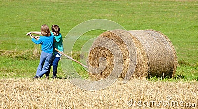 Boys Moving Bale of Hay with Stick as a Lever Stock Photo