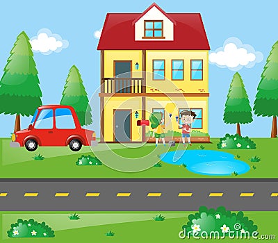 Two boys painting house yellow Vector Illustration