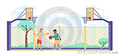 Two boys play basketball on outdoor court. City street playground. Public sports field. Friends match. Guys throw ball Vector Illustration