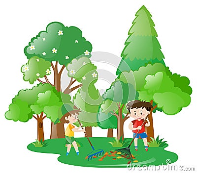 Two boys raking leaves in forest Vector Illustration