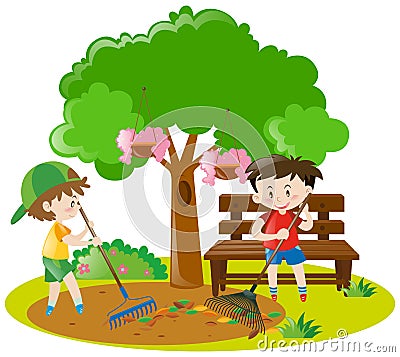 Two boys raking leaves in garden Vector Illustration