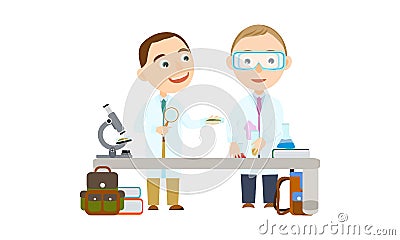 Two boys at school or university. Student in the lesson of science conduct biologic and chemical experiments Vector Illustration