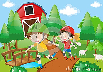 Two boys skating on the farm road Vector Illustration