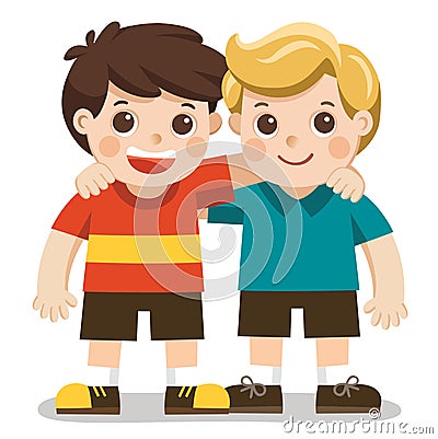 Two boys smile, hugging. Happy kids best friends. Vector Illustration