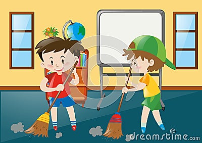 Two boys sweeping classroom floor Vector Illustration
