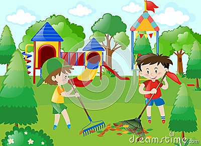 Two boys sweeping leaves in park Cartoon Illustration