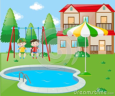 Two boys on swing by the pool Vector Illustration