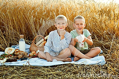 Two boys and a white pigeon in a wheat field. Children and a picnic on a rye bread field in summer at sunset Stock Photo