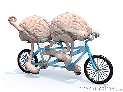 Two brains riding tandem bicycle Cartoon Illustration